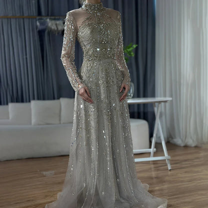 Modest A-Line Blue Lace Beaded Evening Gown LA72704