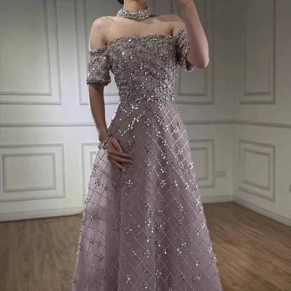 Luxury Nude Sliver Off Shoulder Beaded Crystal A-Line Evening Dress LA73122