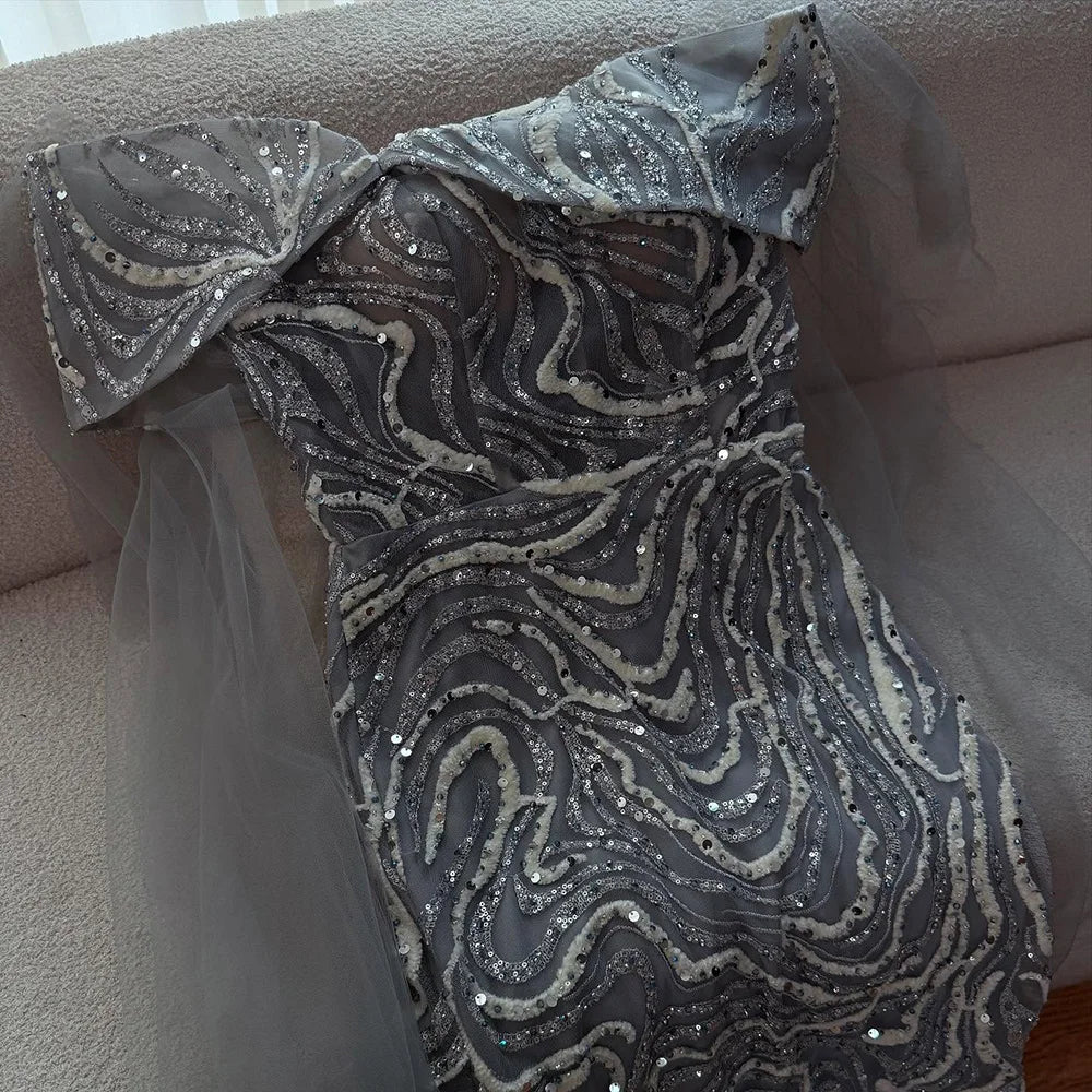 Luxury Gray Sequin Evening Dress with Cape Sleeves LA73125B