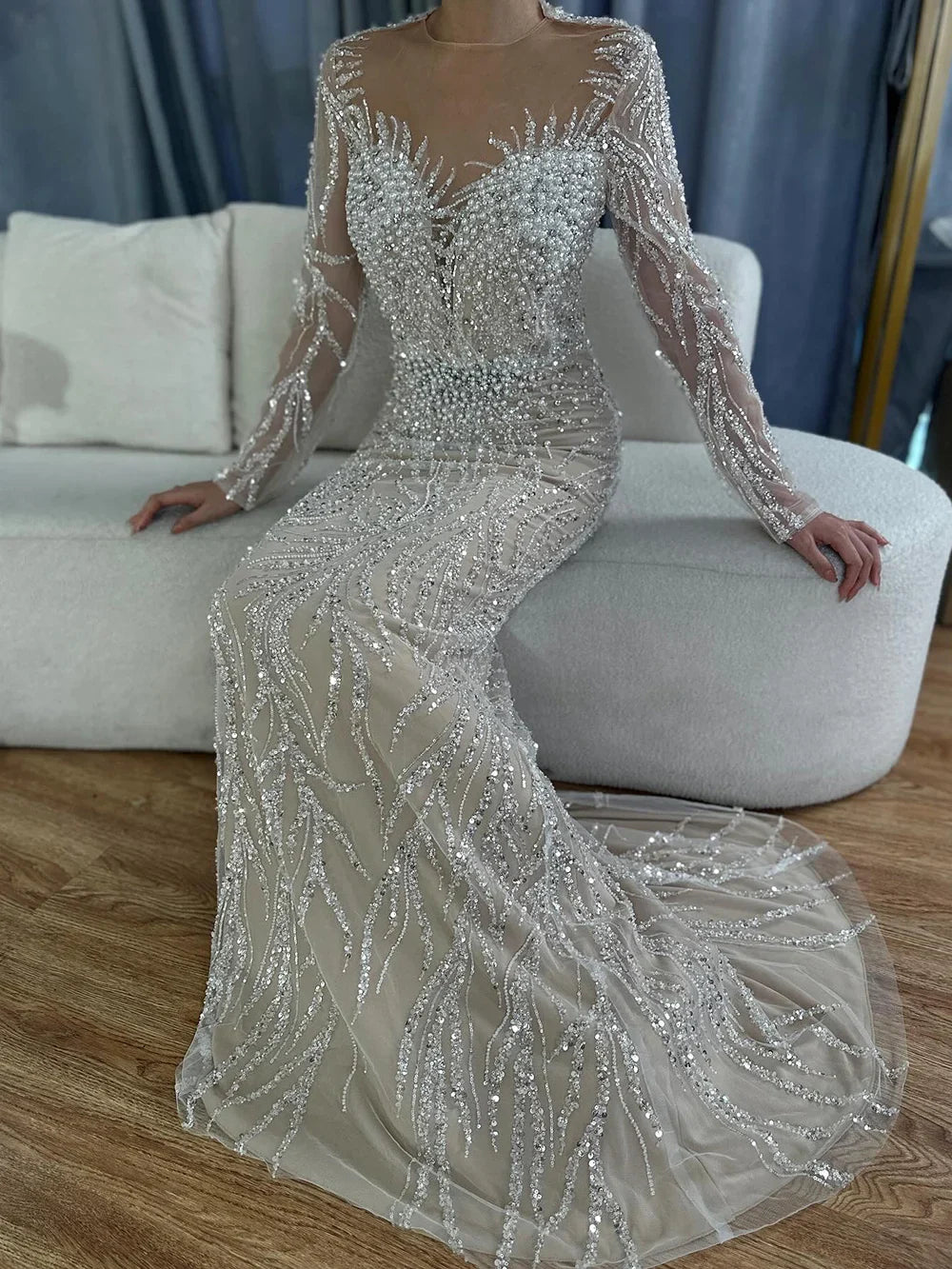 Luxury Dubai White Nude Mermaid Evening Dress With  Long Sleeve LA72634