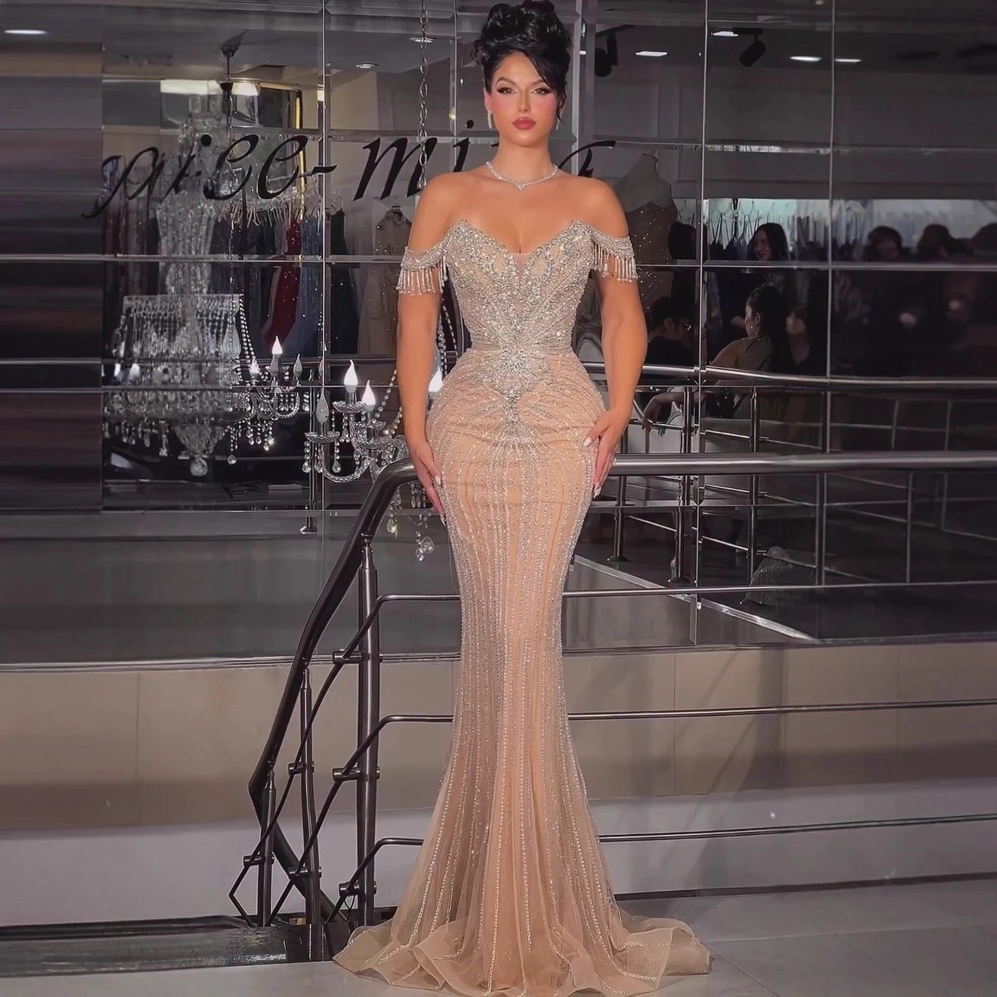 Luxury Pink Crystal Tassel Off Shoulder Evening Dress Dubai LA73204