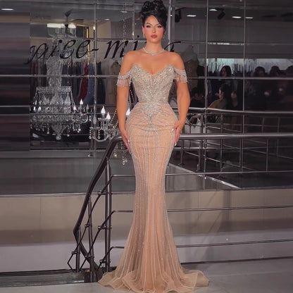 Luxury Pink Crystal Tassel Off Shoulder Evening Dress Dubai LA73204