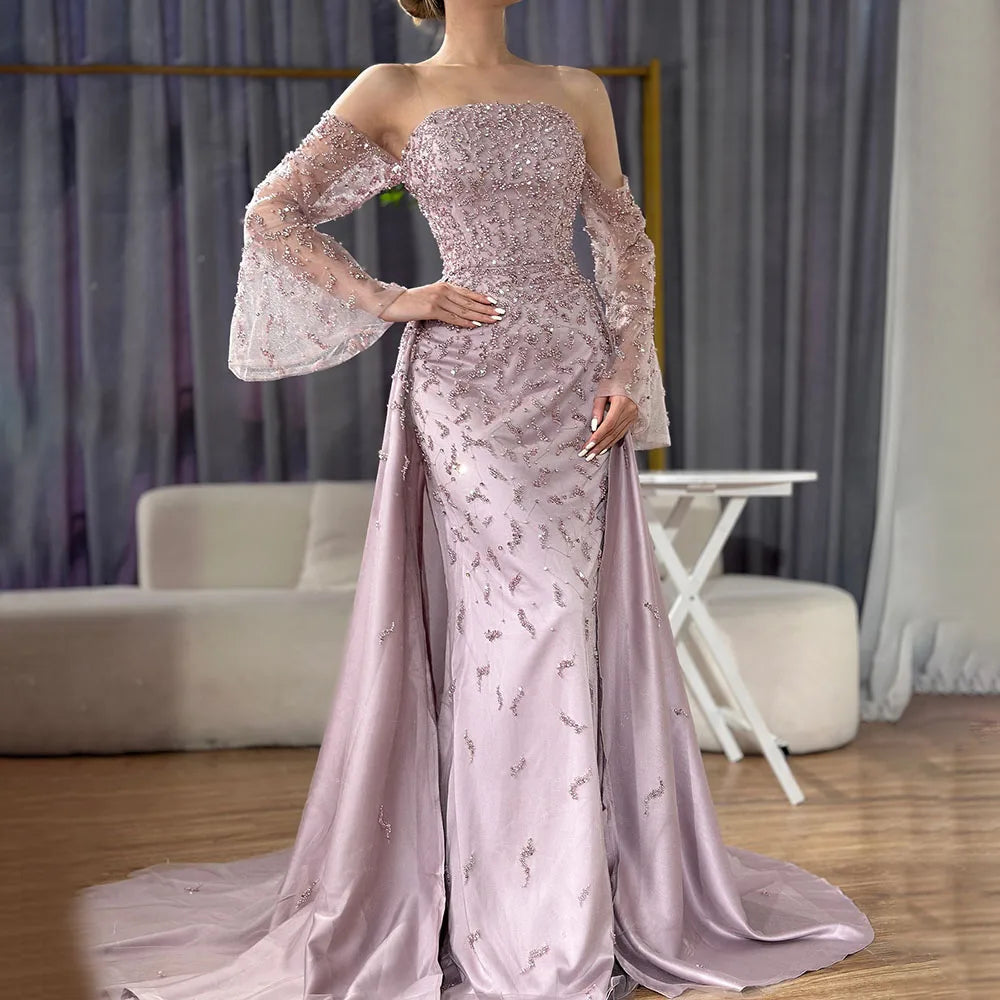 Dubai Luxury Blue Beaded Pearls Evening Gown with Overskirt LA72705