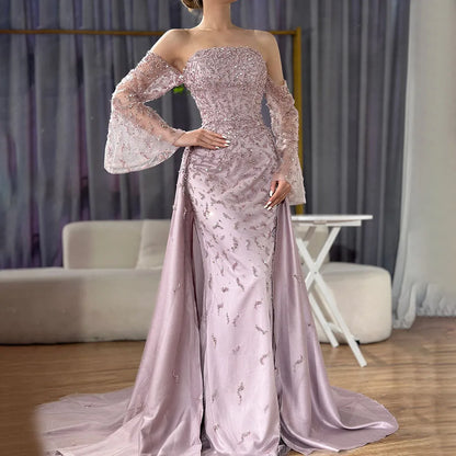 Dubai Luxury Blue Beaded Pearls Evening Gown with Overskirt LA72705
