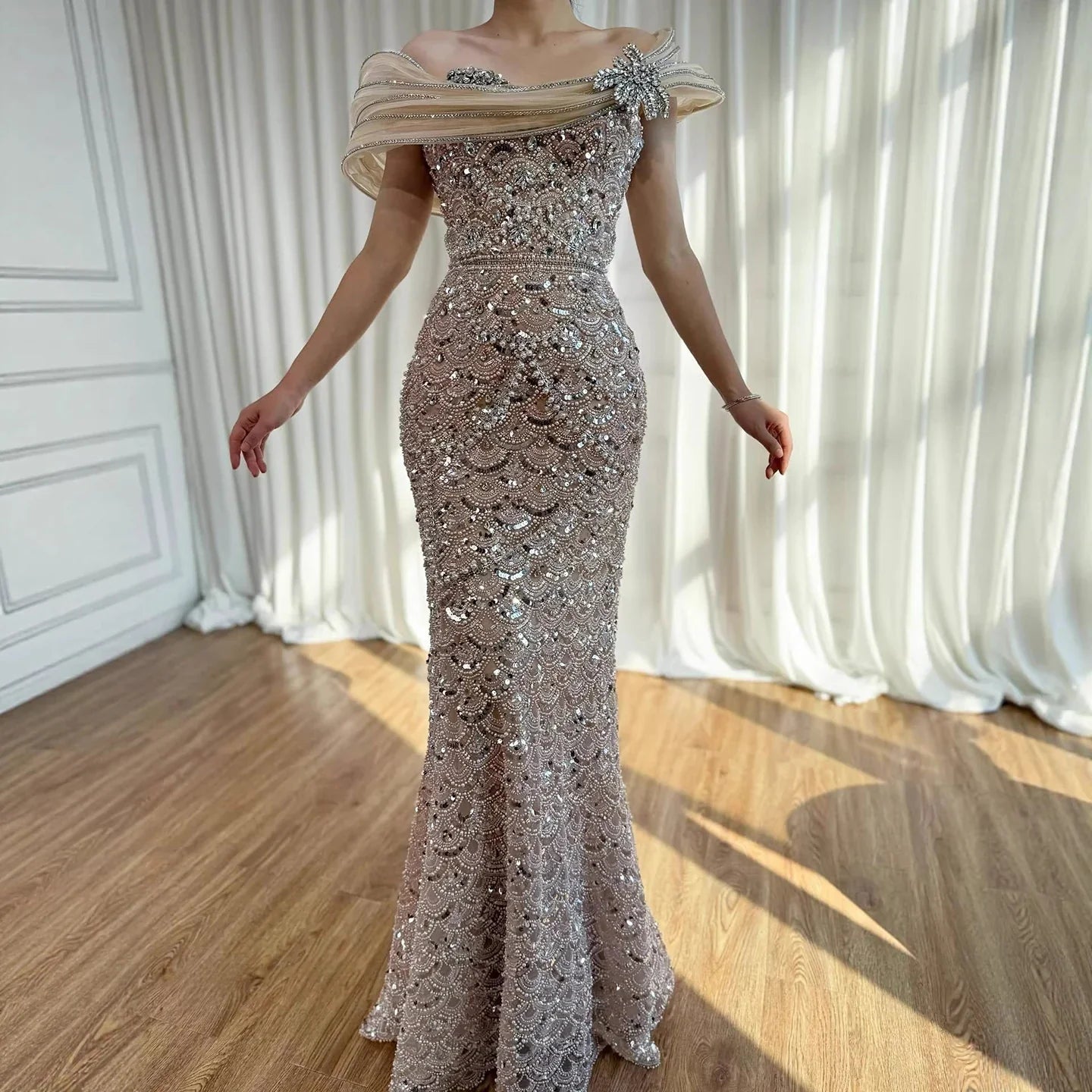 Luxury Nude Beaded Off Shoulder Mermaid Evening Dress LA73365A