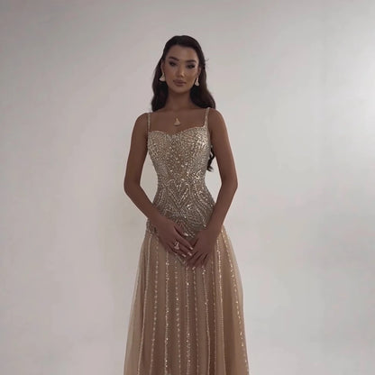 Luxury Nude Beaded A-Line Evening Dress for Women Party LA73189A