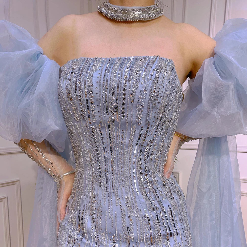Luxury Dubai Arabic Blue Mermaid Balloon Sleeves Beaded Evening Dresses LA71823