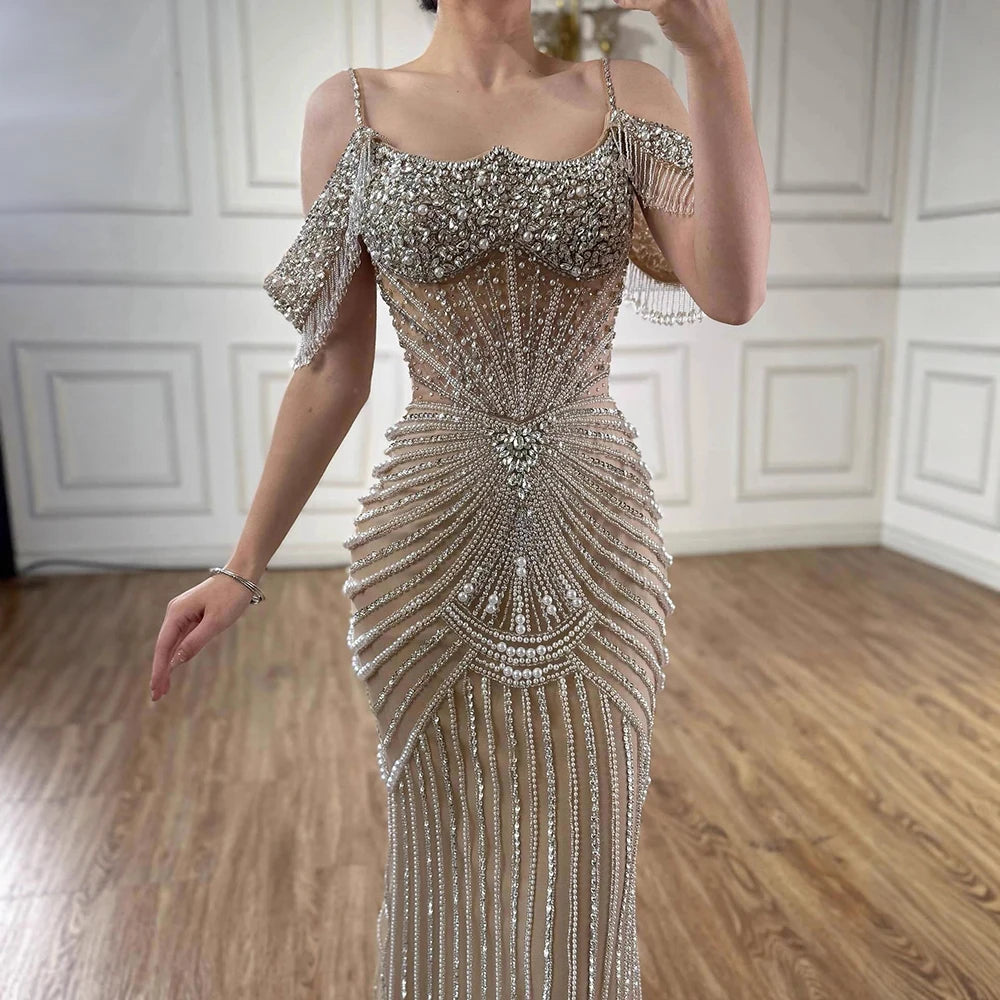 Luxury Sage Green Pearls Beaded Mermaid Evening Dress Off Shoulder LA73148