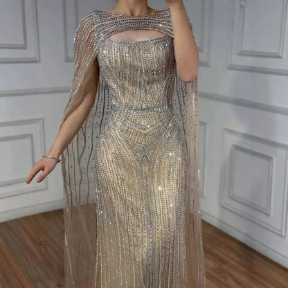 Luxury Blue Diamond Evening Dress With Cape LA73426