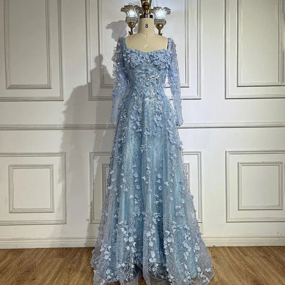 Luxury Arabic Gray A Line Elegant  3D Flower Evening Dress Long Sleeve LA72657