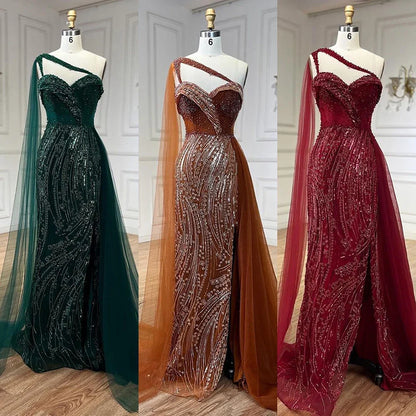 Luxury Green One Shoulder Mermaid Evening Dress with Cape LA72472