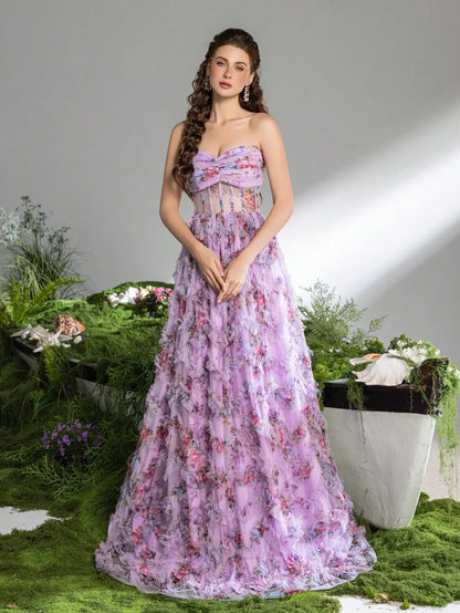 Pink A-Line Tulle Printed Ruffle Tiered Prom Dress LA73275