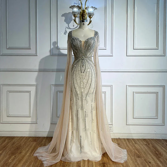 Luxury Designer Beige Beaded Evening Dress with Cape Sleeves LA72992