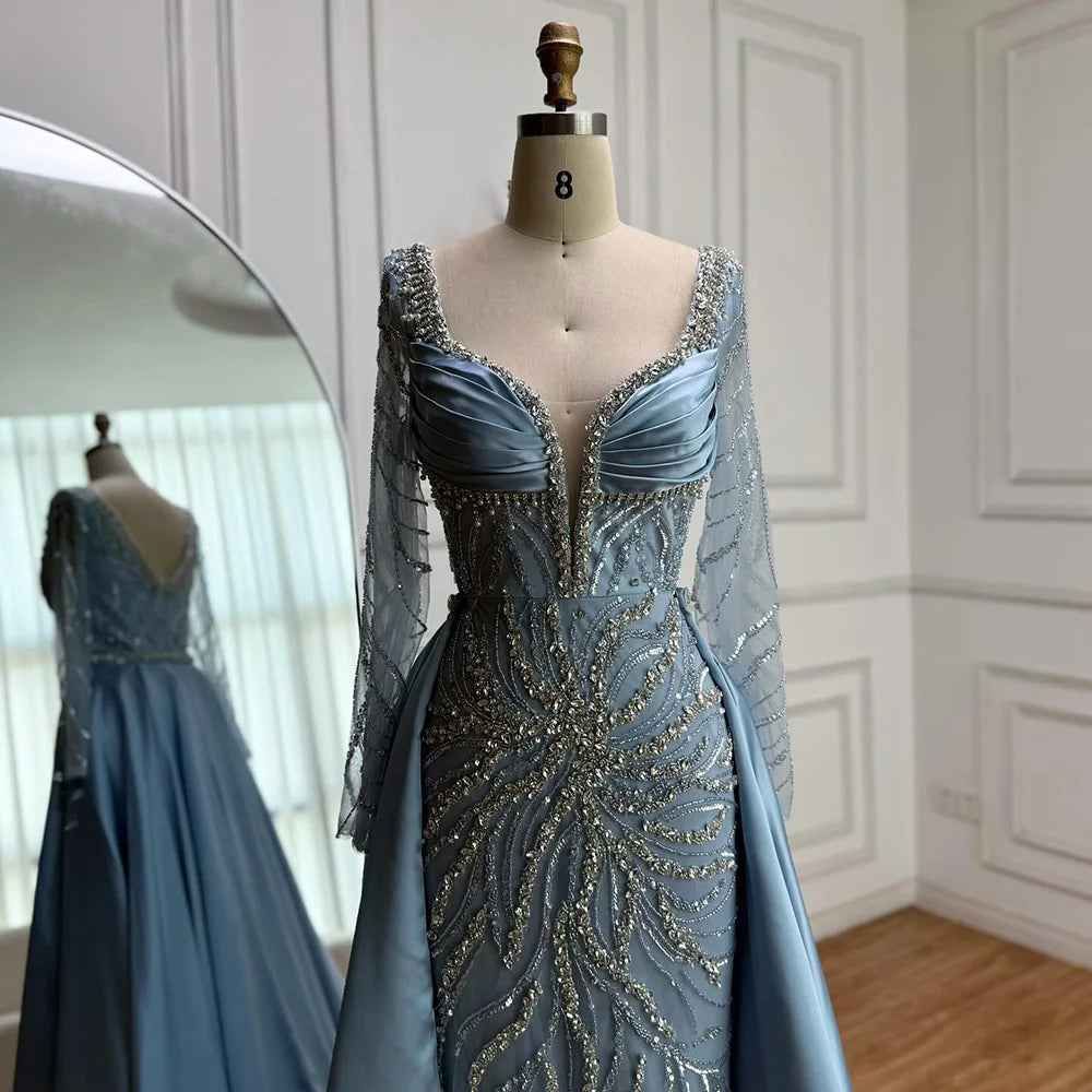 Luxury  Muslin Blue hijab Evening Dress With Long Sleeves LA72963
