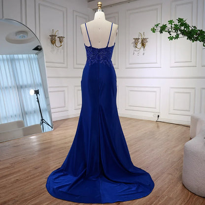 Luxury Navy Blue Lace Slit Prom Dress with Spaghetti Straps LA73041