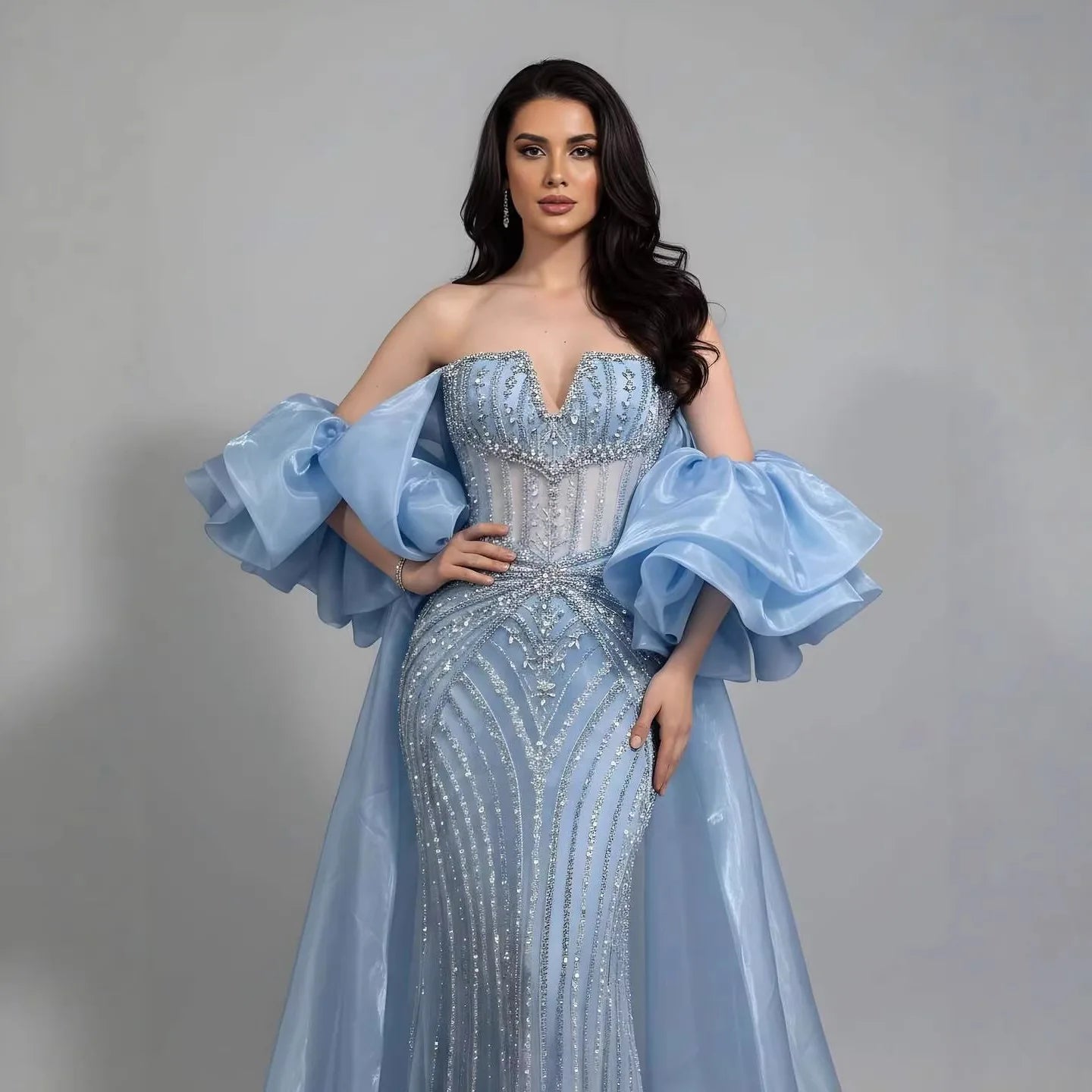 Luxury Light Blue Diamond Evening Dress With Ruffle Cape LA73141