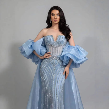 Luxury Light Blue Diamond Evening Dress With Ruffle Cape LA73141