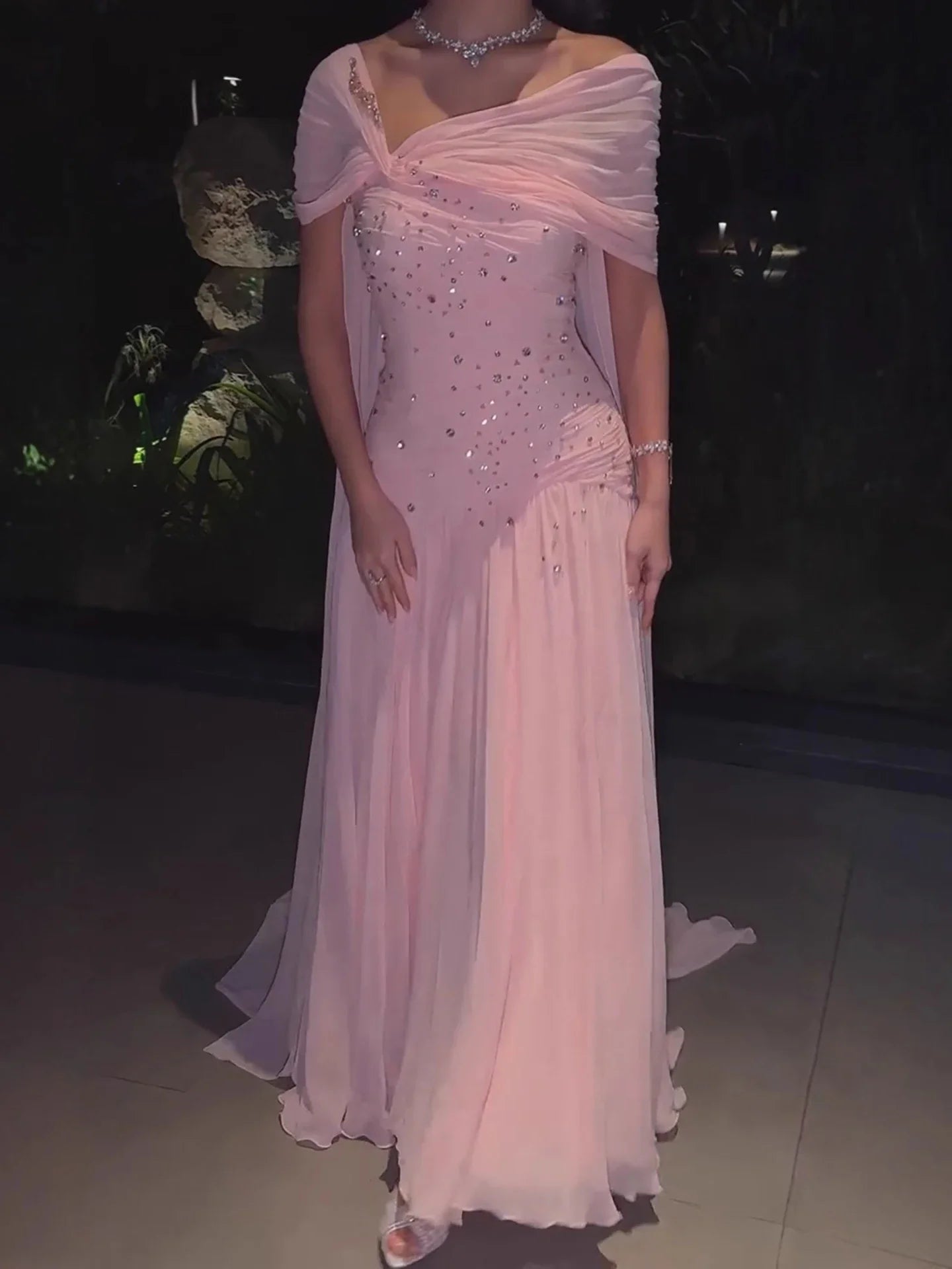 Luxury Pink Chiffon Beaded A-Line Evening Dress with Sheer Cape LA73347