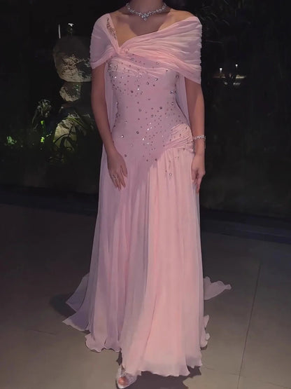 Luxury Pink Chiffon Beaded A-Line Evening Dress with Sheer Cape LA73347