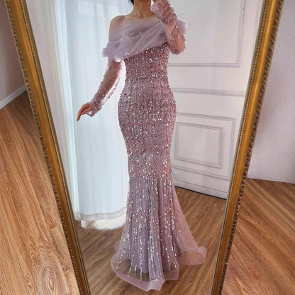 Luxury White Mermaid Beaded Evening Dress with Short Sleeves LA72714