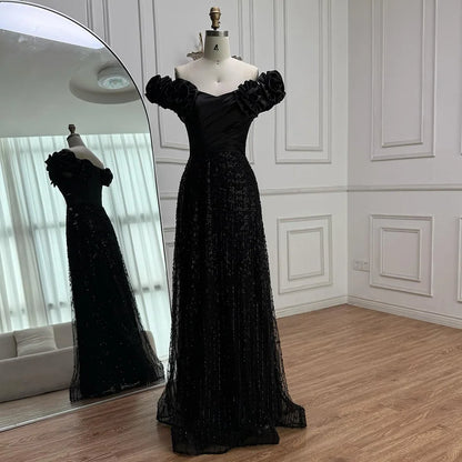 Luxury Black Off Shoulder Sequin Evening Dress with Floral Sleeves LA73096