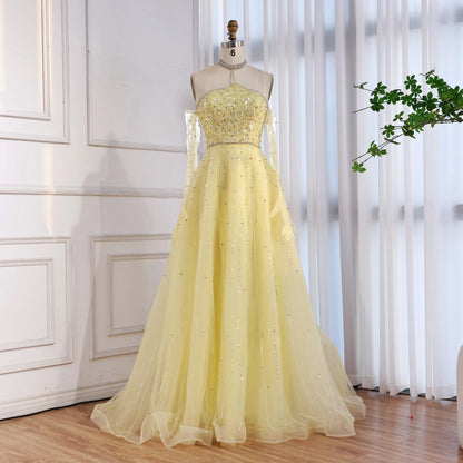 Sparkly Luxury Beaded Yellow Halter Evening Dress Gloves Saudi LA72948