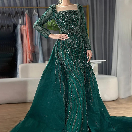 Modest Green Mermaid Evening Dress with Overskirt LA72710