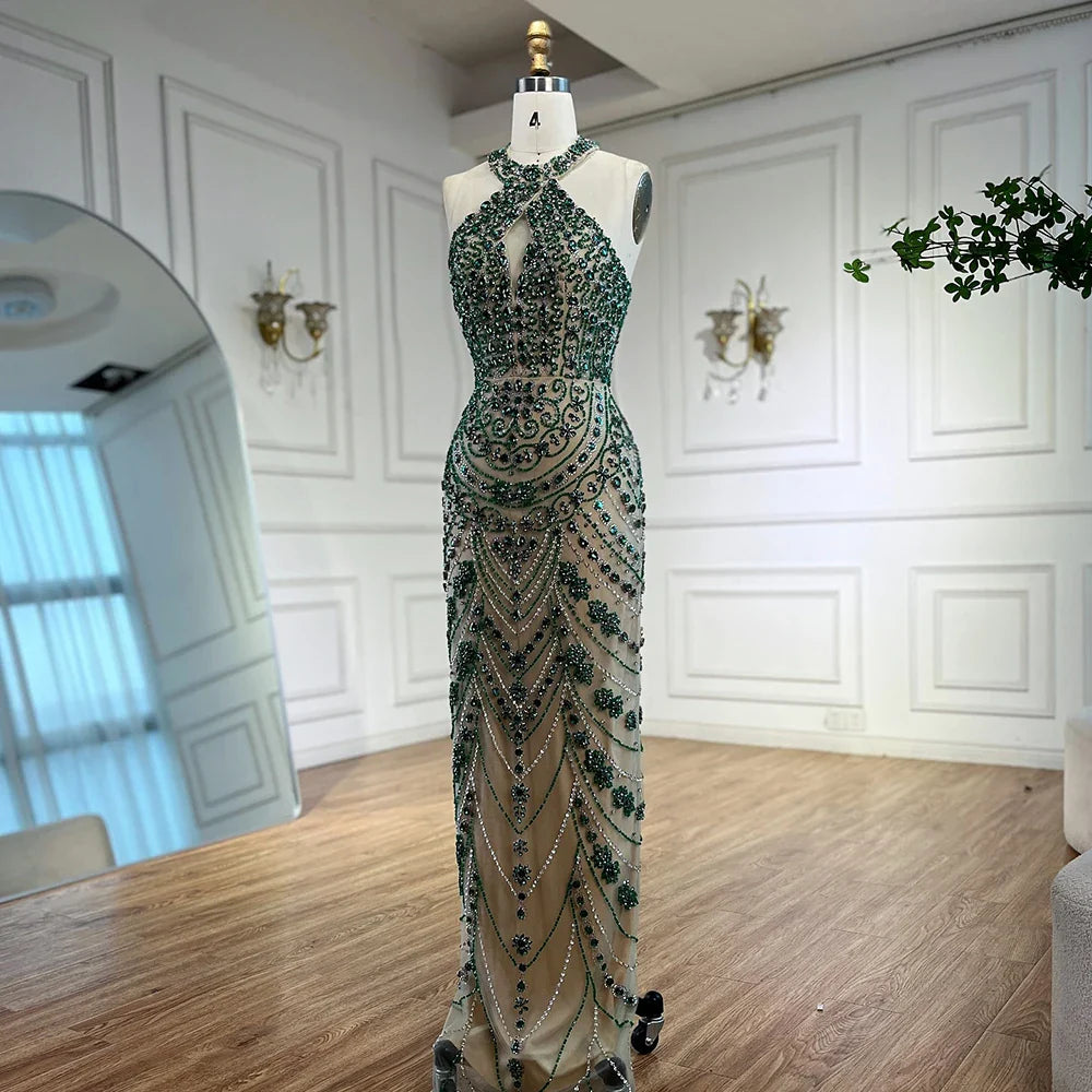 Luxury Blue Halter Crystal Beaded Evening Dress LA72760