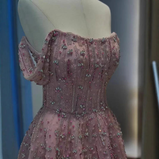 Luxury Arabic Pink Off Shoulder Beaded A-Line Evening Dress LA73326