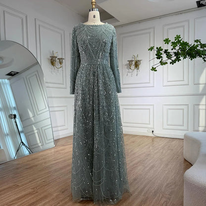 Luxuriöses, olivgrünes, perlenbesetztes A-Linien-Abendkleid LA72738B