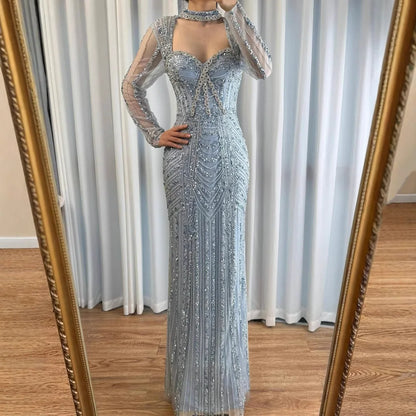 Caramel Beaded Mermaid Evening Dress with Long Sleeves LA72560B