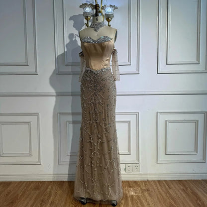 Luxury Caramel Sheer Corset Beaded Evening Dress with Gloves LA72929A