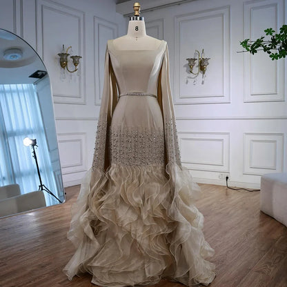 Elegant Nude Beaded Evening Dress with Cape Sleeves LA72317C