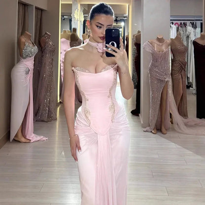 Pink Strapless Draped Satin Evening Dress with Rose Neck LA72946