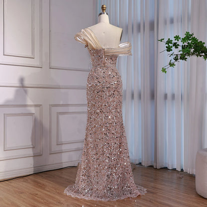 Luxury Nude Beaded Off Shoulder Mermaid Evening Dress LA73365A