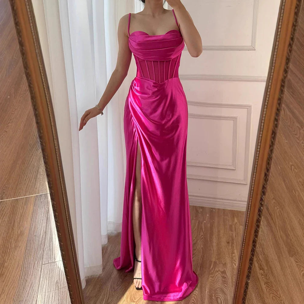 Pink Mermaid Sweetheart Ruched Silk Satin Evening Dress LA73153