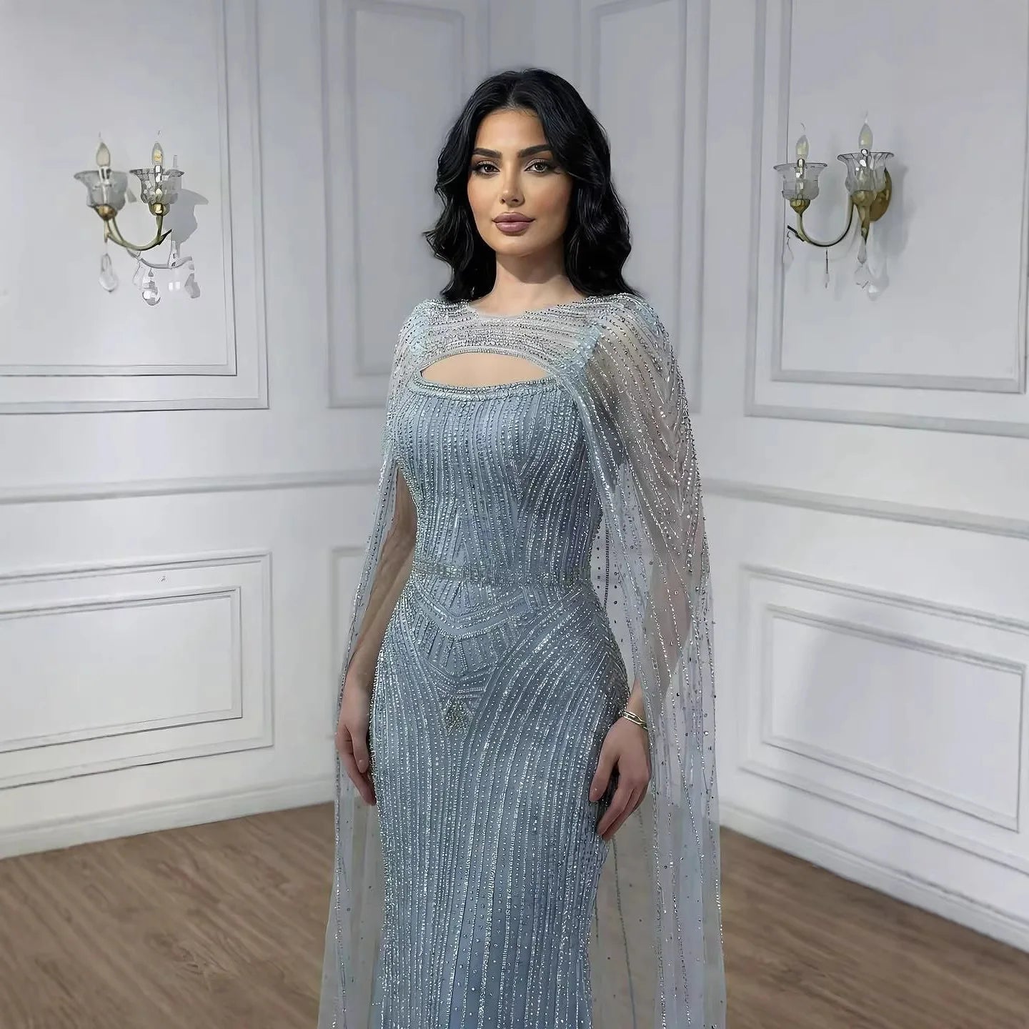 Luxury Blue Diamond Evening Dress With Cape LA73426