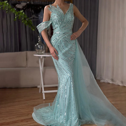 Luxury Dubai  Arabic Pink Mermaid Elegant One Shoulder Beaded Long Evening Dresses Gowns for Formal Occasion LA72662A