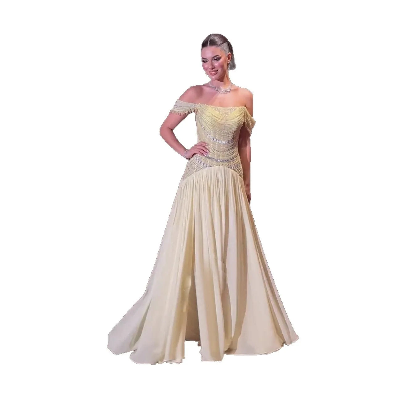 Luxury Evening Dress Yellow Off Shoulder Beaded A-Line Gown LA73350