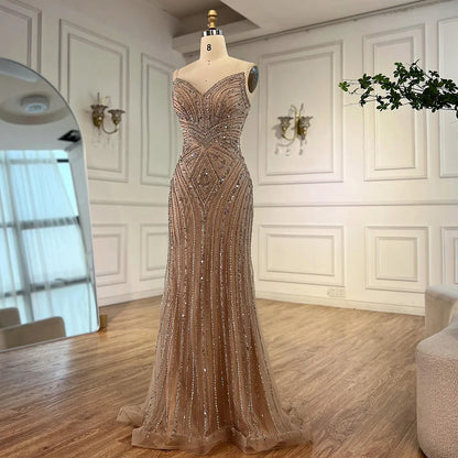 Luxury Nude V Neck Beaded Mermaid Evening Dress Sleeveless LA72981