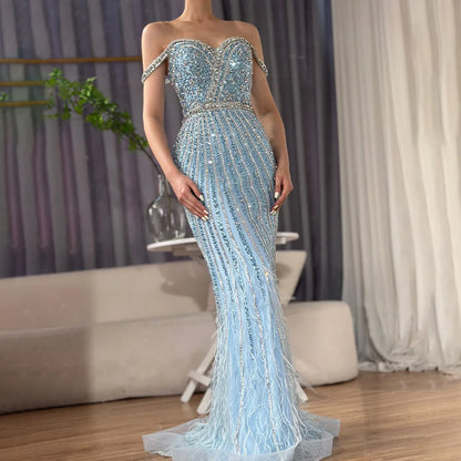 Luxury Dubai  Caramel Spaghetti Strap Mermaid Gown Feathers Beaded Luxury Saudi Evening Dress for Formal Occasion LA72715