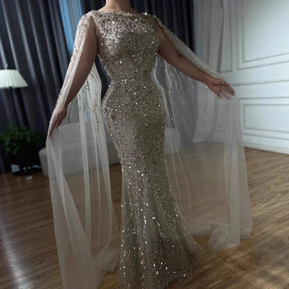 Luxury Caramel Beaded Evening Dress with Cape Sleeves LA73078