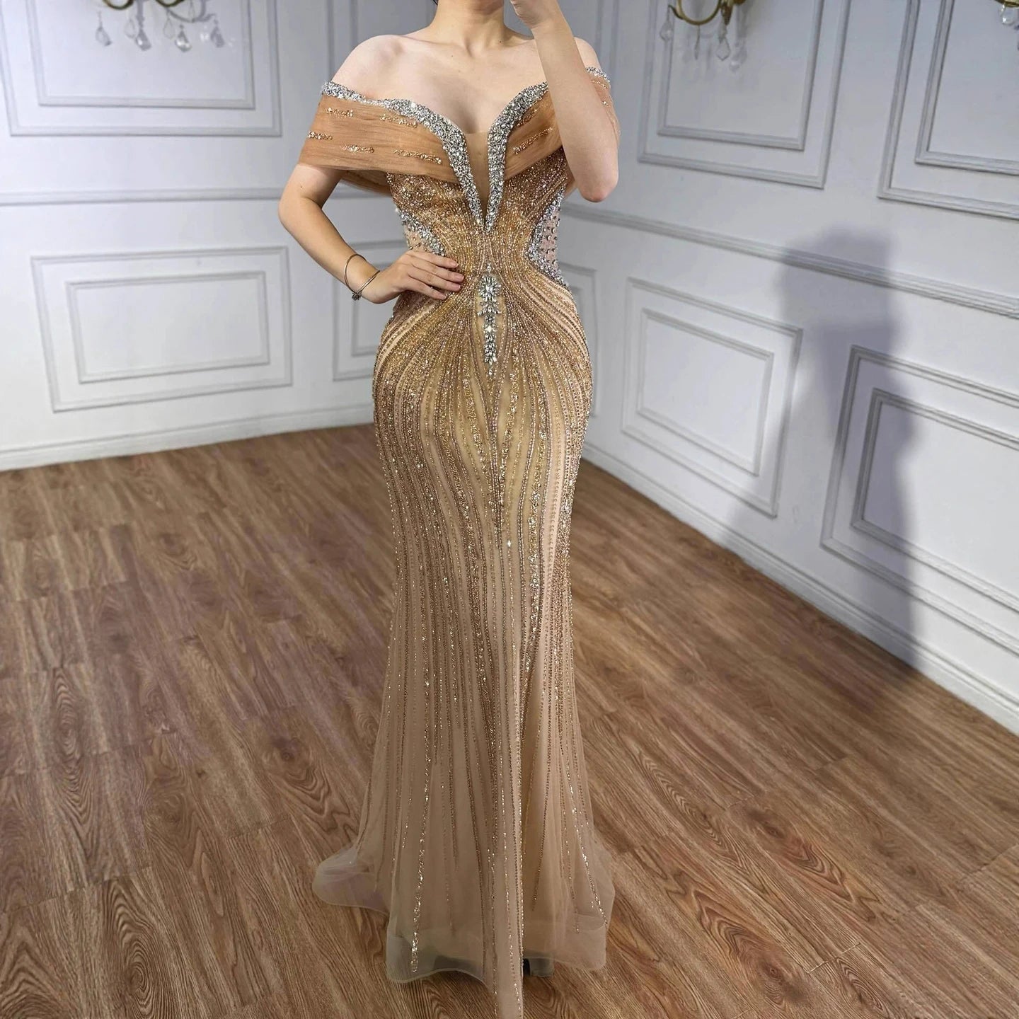 Luxury Saudi Arabic Gold Luxury Crystal Beaded Mermaid Evening Dress LA73142A