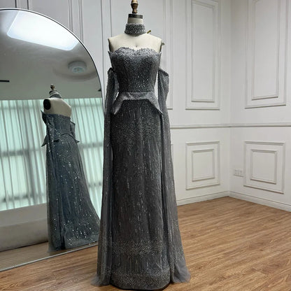 Luxury Gray Beaded Off-Shoulder Evening Dress with Cape Sleeves LA73076