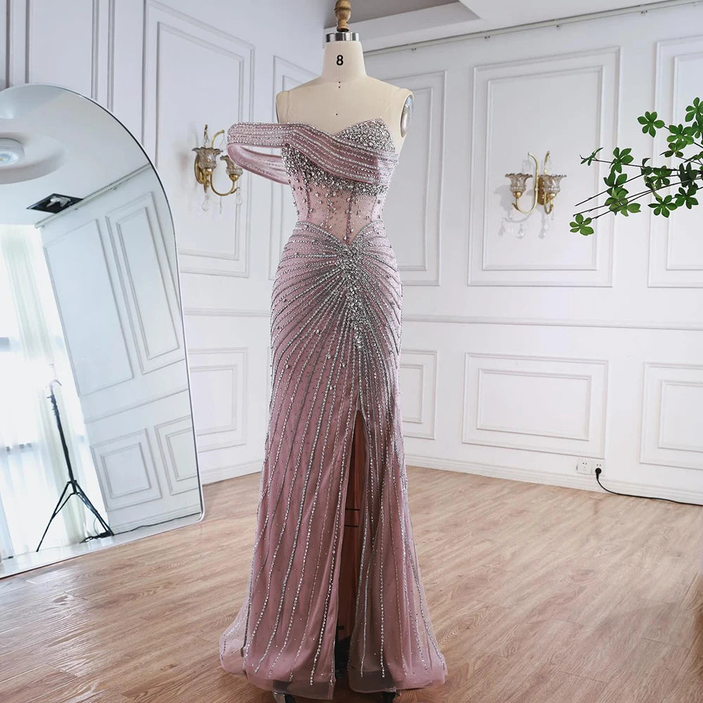 Luxury Pink Crystal One Shoulder Beaded Evening Dress Split LA73197