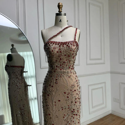 Luxury Red Saudi Arabic Crystal Beaded One Shoulder Evening Dress LA73135