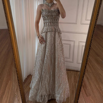 Luxury Nude Beaded A-Line Evening Dress for Women Formal Occasion LA73163