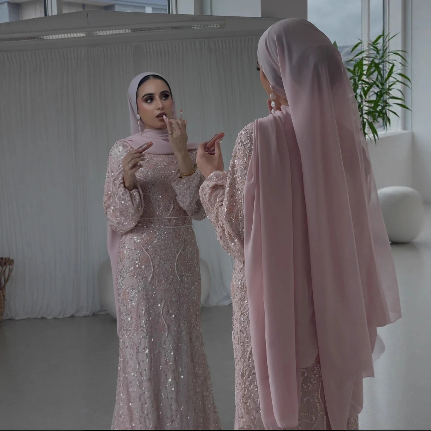 Luxury Pink Pearls Beaded Muslim Mermaid Evening Dress LA73417