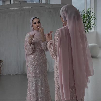 Luxury Pink Pearls Beaded Muslim Mermaid Evening Dress LA73417