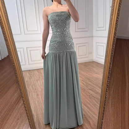 Luxury Sage Green A-Line Evening Dress with Cape LA73044A